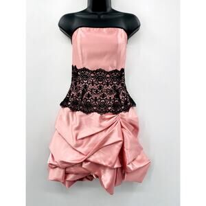 Gunne Sax Pink Satin Ruched Strapless Lace Mini Dress